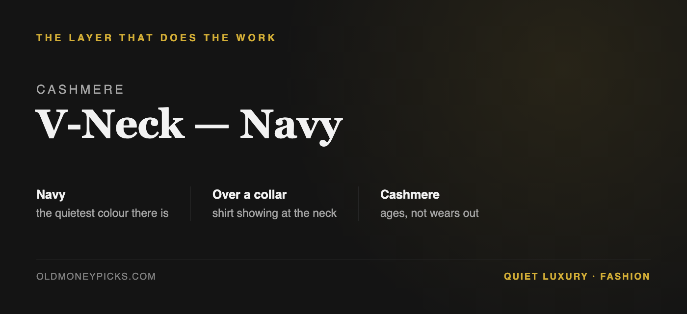 Navy cashmere v-neck sweater — worn over a collared shirt