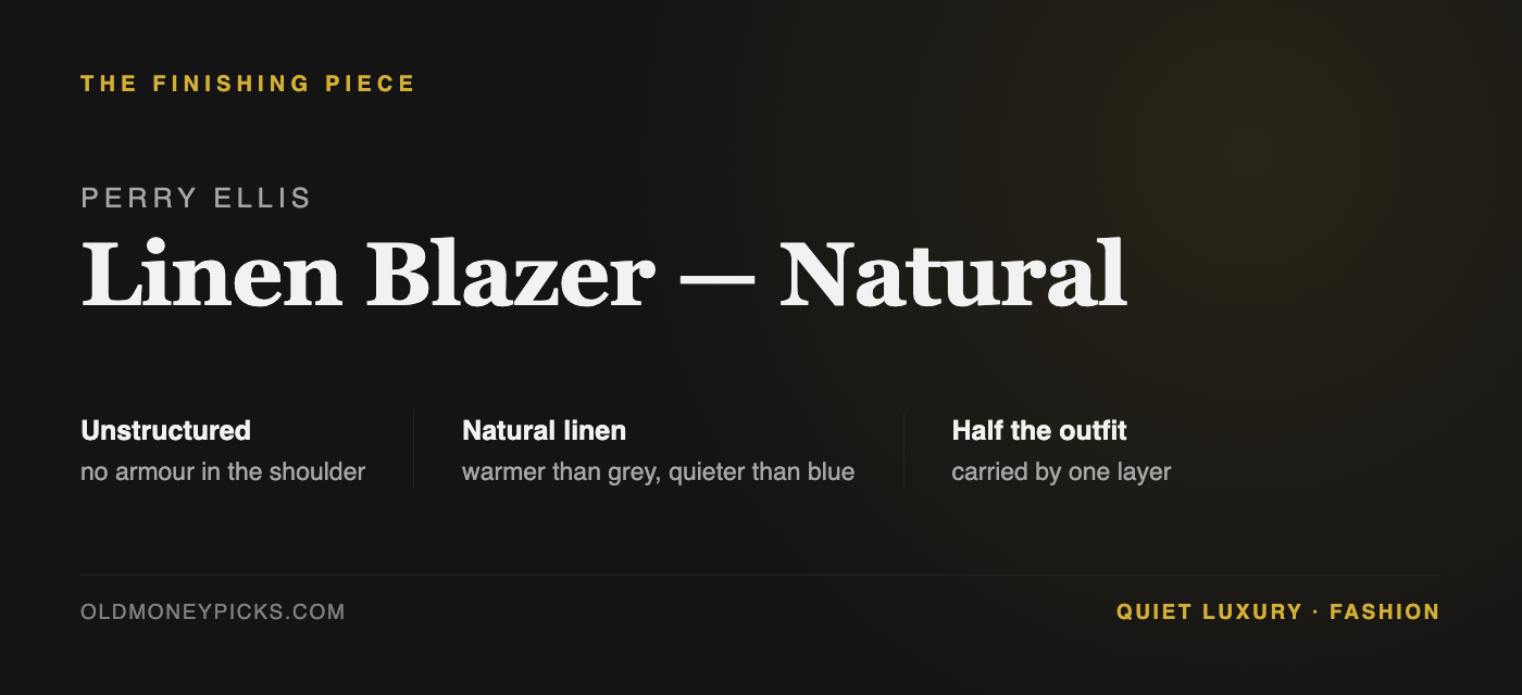 Natural linen unstructured blazer — the layer that finishes a quiet luxury outfit