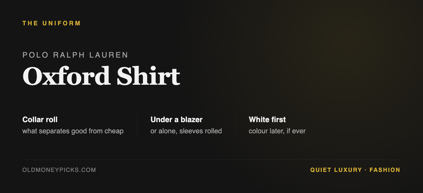 Polo Ralph Lauren white oxford shirt — the foundation of a quiet luxury wardrobe