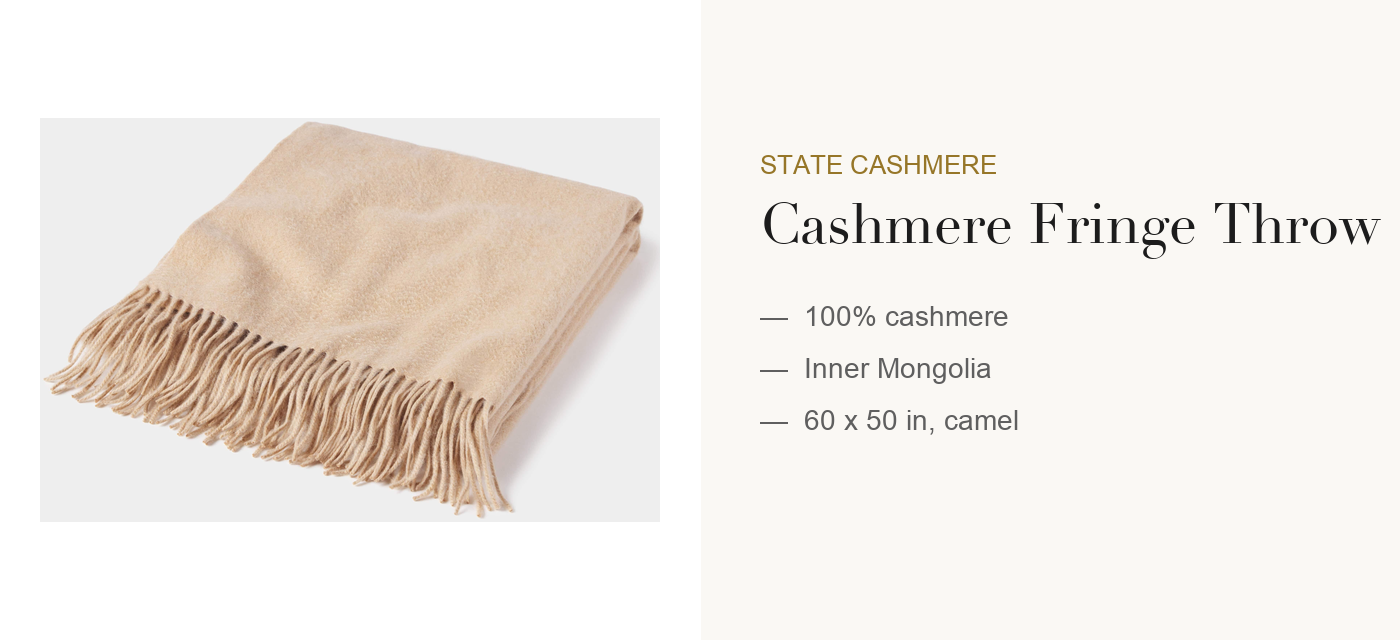State Cashmere 100% cashmere throw with fringe, camel, 60 by 50 inches, folded