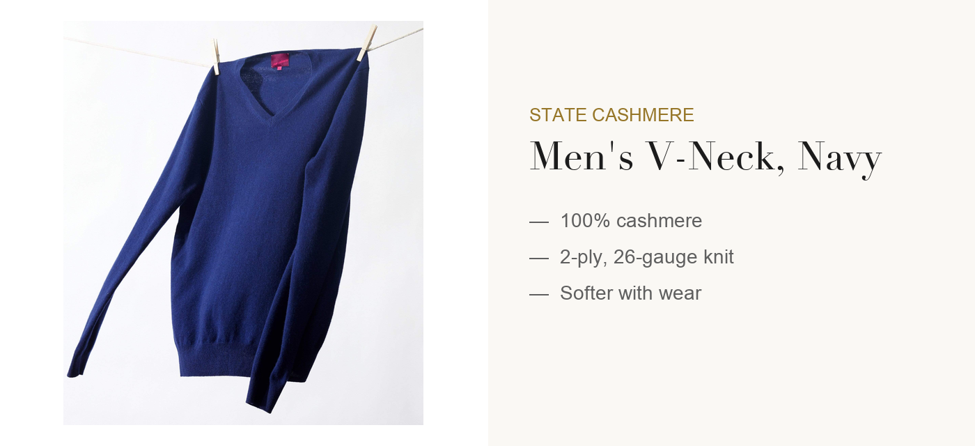 State Cashmere men's V-neck sweater in navy, 100% cashmere
